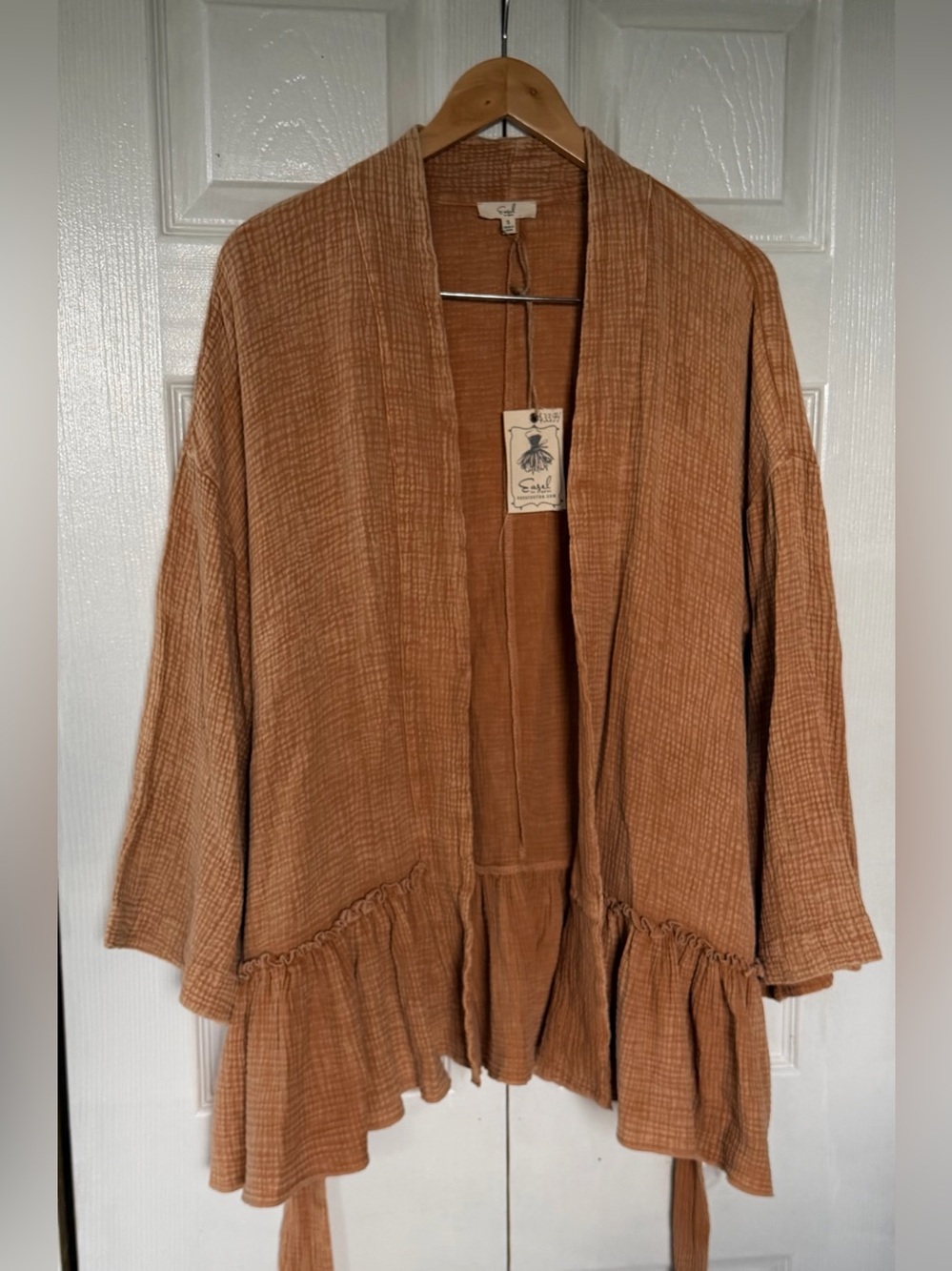 NWT Easel 100% Cotton Double Gauze Belted Ruffle Hem Cardigan Small